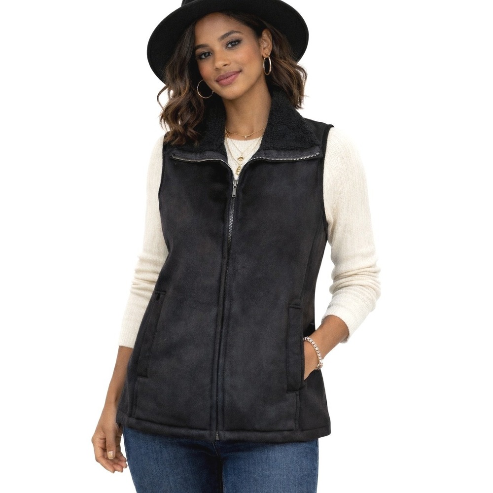 Ralph Lauren Women's Black Faux Suede Sherpa-Lined Zip Front Pocket Vest Size S